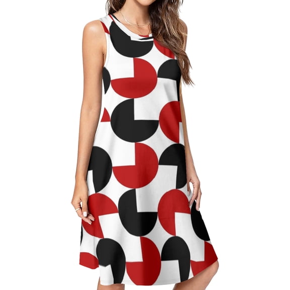 Geometric Retro Style Black Red White Spring Summer Dresses for Women Fashion T-shirt Dress Casual Sleeveless Loose Sundress with Pockets