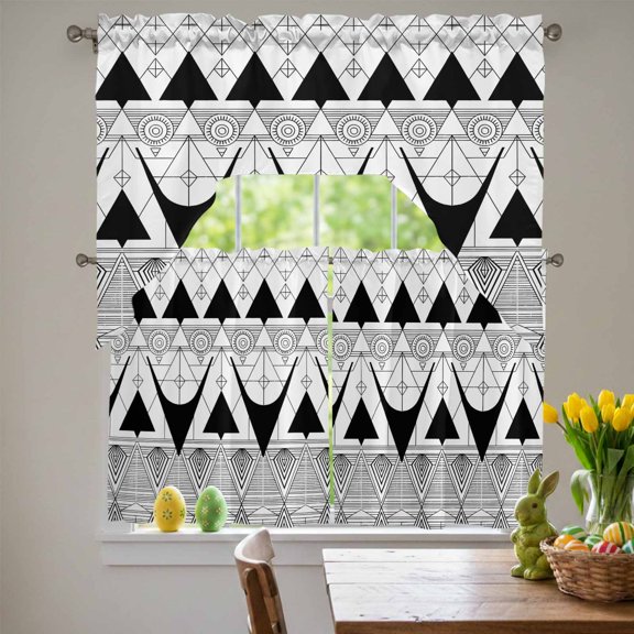 Geometric Retro Swag Curtains Valance & Tier Set, Black Triangles Medieval Bohemian Style 3 Pcs Set Kitchen Swag Valances and Tiers 36 Inch Length Rod Pocket Curtain Drapes for Bedroom