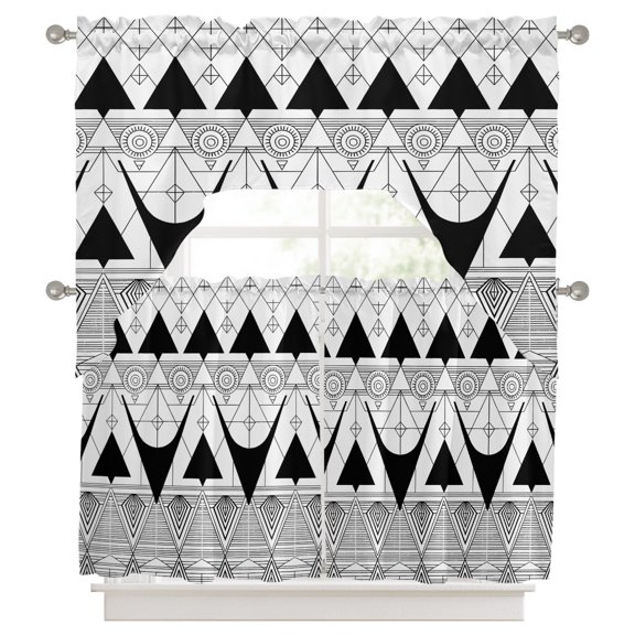 Geometric Retro Swag Valance and Tier Set of 3, Black Triangles Medieval Bohemian Style Swag Curtains Valances for Small Window Treatment Rod Pocket for Kitchen Bathroom 56x36in+27.5x36*2