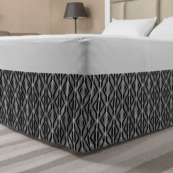 Geometric Rhombus Bed Skirt, Contemporary Classic Lines and Zigzags in Monochromatic Style, Elastic Bedskirt Dust Ruffle Wrap Around for Bedding Decor, 4 Sizes, Charcoal Grey White, by Ambesonne