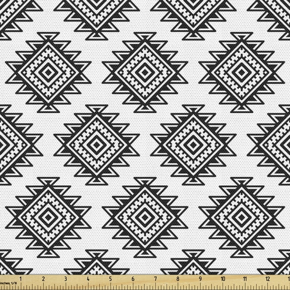 Geometric Rhombus Fabric by the Yard, Ethnic and Vintage Themed Repeating Motifs in Monochrome, Upholstery Fabric for Dining Chairs Home Decor Accents, 2 Yards, Charcoal Grey and White by Ambesonne