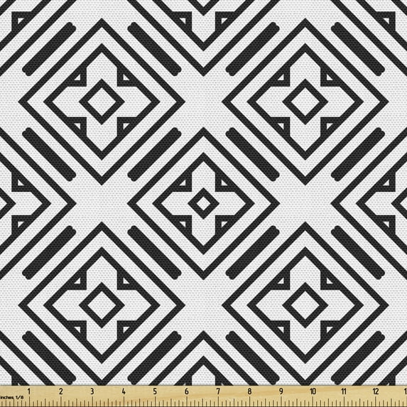 Geometric Rhombus Fabric by the Yard, Vintage Influenced Concept with Repeating Ornaments, Decorative Upholstery Fabric for Sofas and Home Accents, 2 Yards, Charcoal Grey and White by Ambesonne