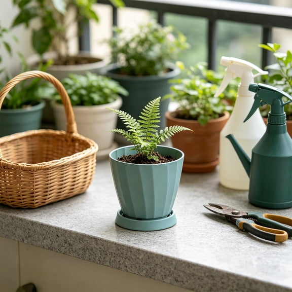 Geometric Ribbed Plastic Planter with Drainage Tray for Succulents and Houseplants, Modern Indoor Decor Mint Green