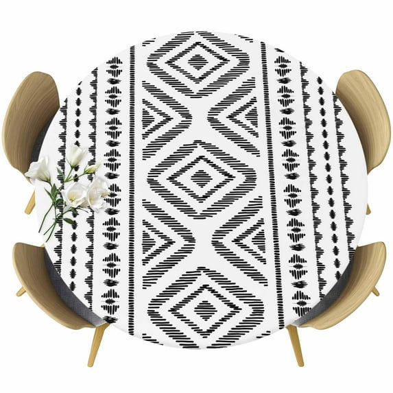 Geometric Round Tablecloth 36-44 Inch Round Fitted Table Cloth with Elastic Edge, Black White Boho Stripe Retro Patterned Texture Waterproof Table Cover Protector for Outdoor Picnic Party Dining