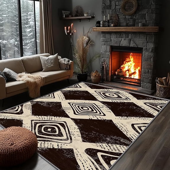 Geometric Rug - Abstract Aztec Tribal Rustic Area Rug, Brown and Cream Door Mat, Washable & Non Slip & Soft Small Carpet, Home Decor 3 x 4ft