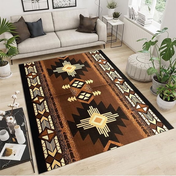 Geometric Rug Area Rugs For Living Room, Western Rugs Washable Non Slip Carpet, Rugs For Bedroom, Vintage Brown Rectangle Rug 5 x 7ft