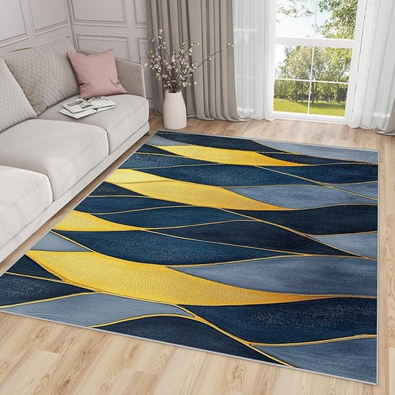 Geometric Rugs for Living Room -Modern Abstract Artistic Blue Yellow Rug for Bedroom Non Slip Low Pile Machine Washable Area Rugs, Geometric Carpets House Decor 4 x 5ft