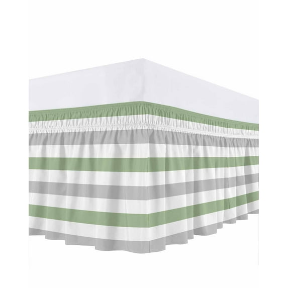 Geometric Sage Bed Skirt Green and Gray Stripes Bed Skirts Queen Size 18 Inch Drop, Wrap Around Dust Ruffle Bedskirt with Adjustable Elastic Belt for Queen Size Beds