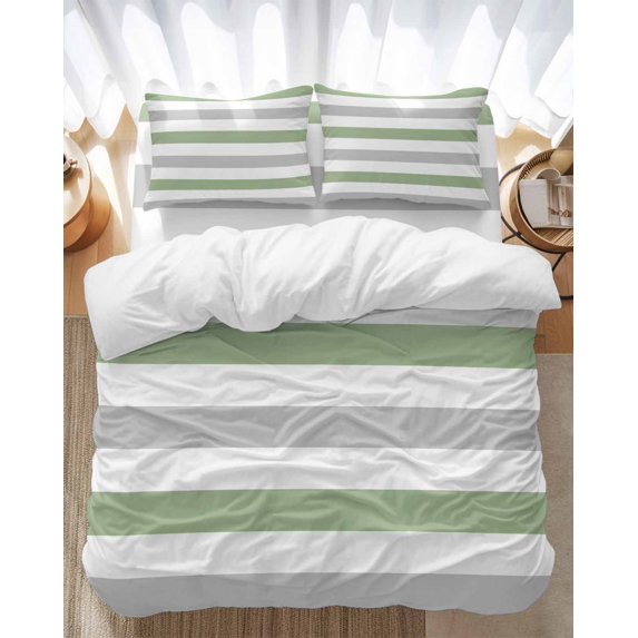 Geometric Sage Bedding Duvet Cover Set Queen Size 4 Pieces Green and Gray Stripes Soft Twill Plush Quilt Cover, Include 1 Duvet Cover 1 Flat Sheet And 2 Pillow