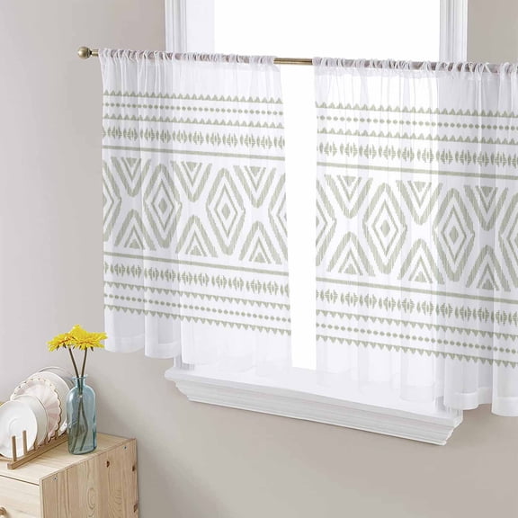 Geometric Semi Sheer Curtains 54 Inch Length 2 Panels Set, Sage Green Boho Stripe Farmhouse Texture Sheer Kitchen Curtain Privacy Voile Window Curtain for Living Room Bedroom Rod Pocket Drapes