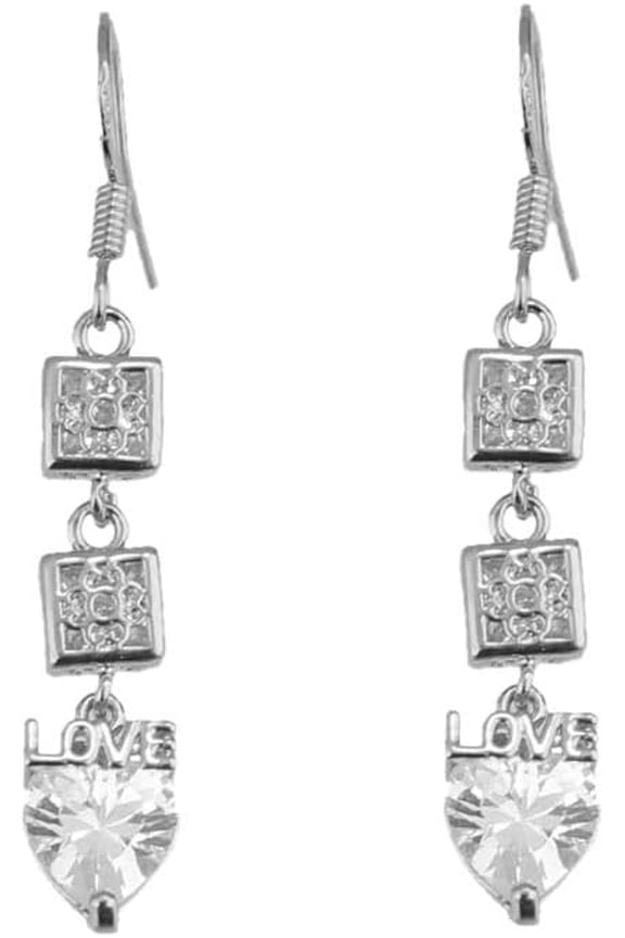 Geometric Shaped Love Heart CZ Bridal 925 Sterling Silver Dangle Earrings for Wedding, Prom or Pageant