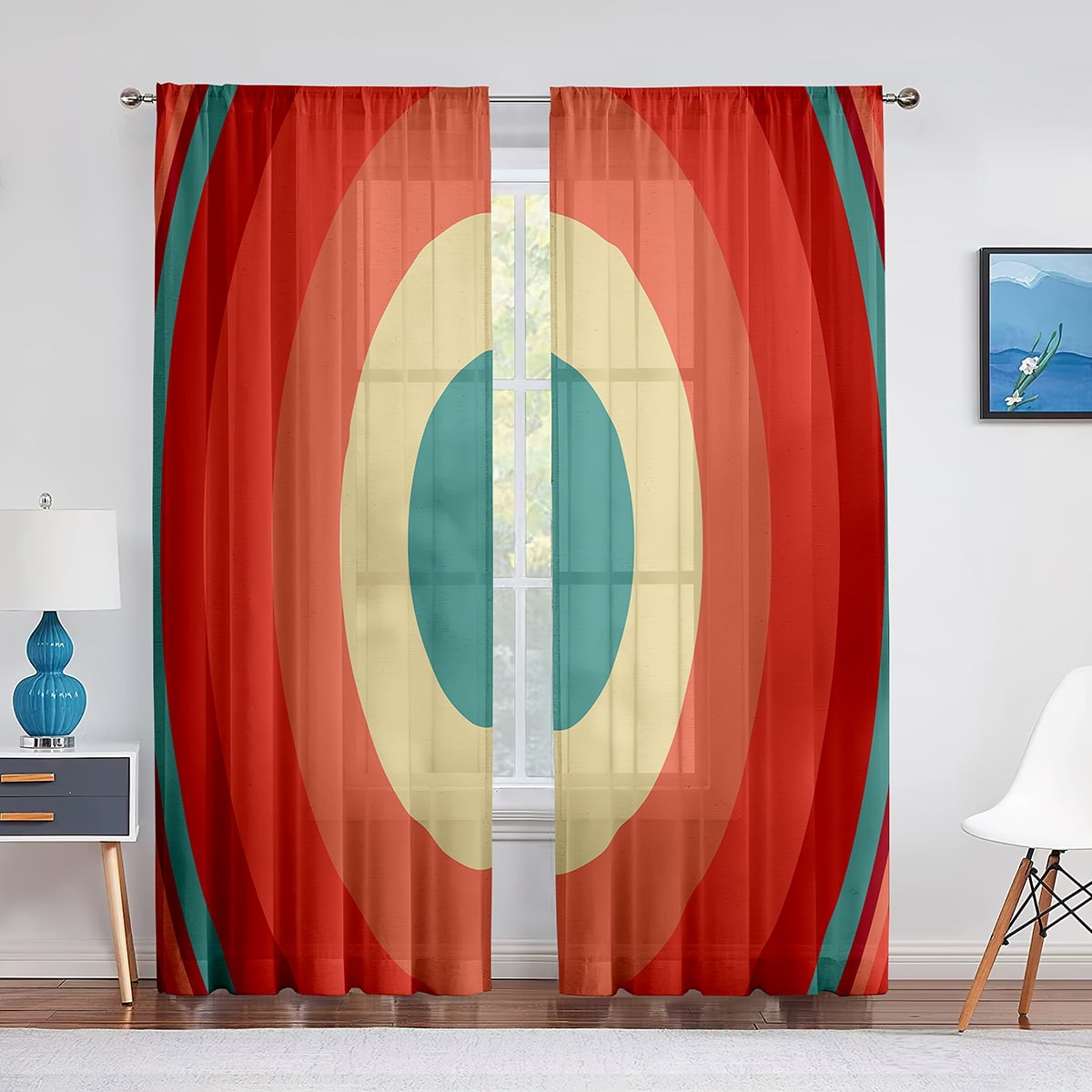 Geometric Shapes Circles Stripes Tulle Curtains for Living Room Bedroom ...
