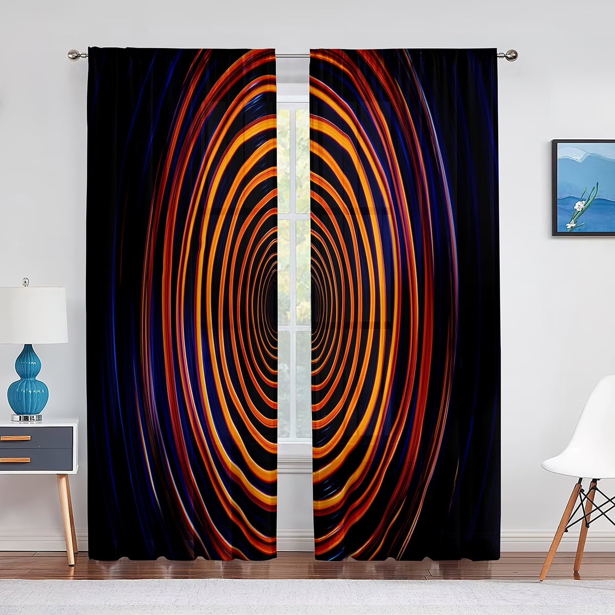 Geometric Shapes Circles Stripes Tulle Curtains for Living Room Bedroom ...