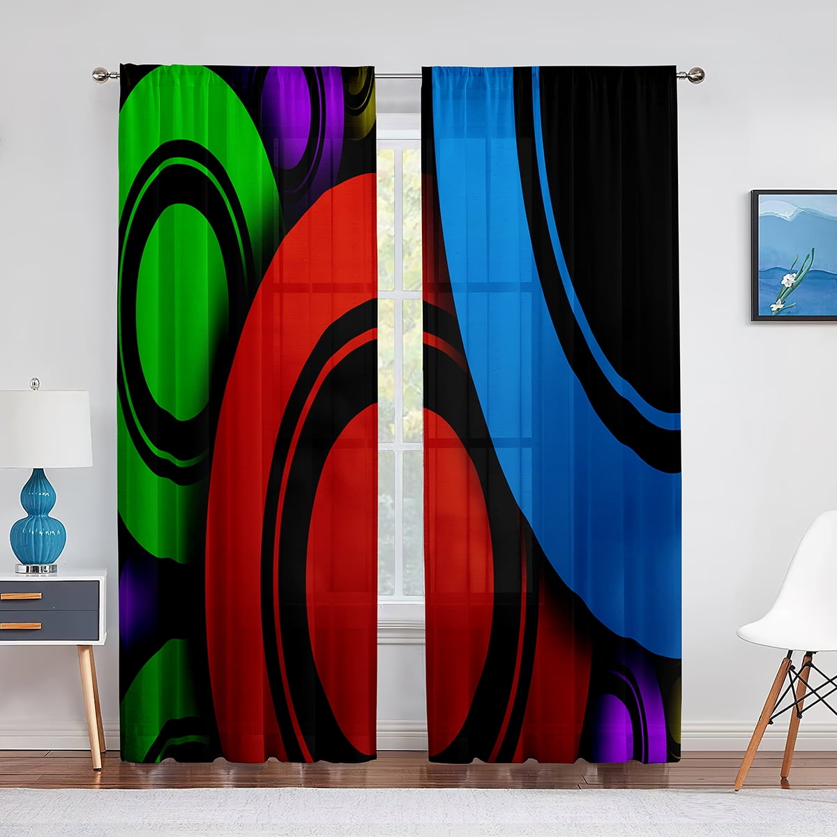 Geometric Shapes Circles Stripes Tulle Curtains for Living Room Bedroom ...