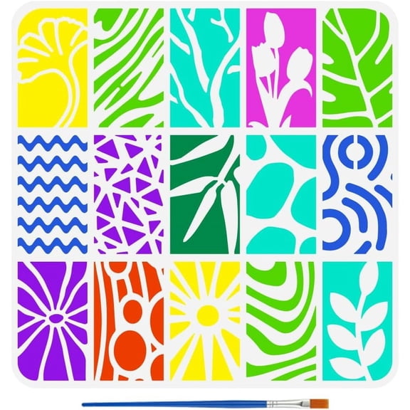 Geometric Shapes Drawing Stencil with A Paint Brush 11.8x11.8inch Geometric Textures Painting Template Flowers Leaves Plaid Patterns Stencil for Painting on Wood Wall Fabric Furniture for DIY