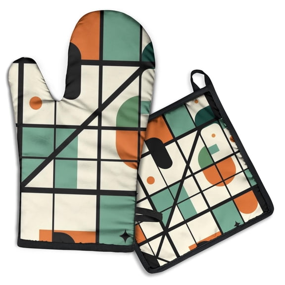 Geometric Shapes Pattern Kitchen Oven Mitt and Pot Holder Sets 2 Pcs for Baking, Cooking and Grilling, Heat Resistant Up To 392 °F