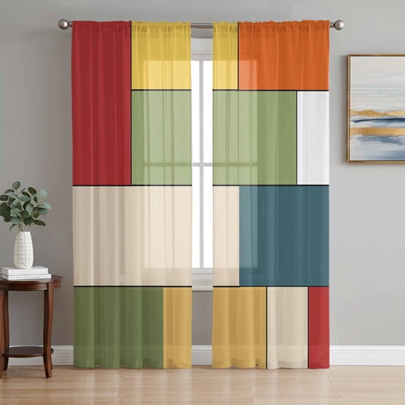 Geometric Sheer Curtains 72 Inch Length 2 Panels Set, Modern Abstract Art Boho Color Block Voile Window Treatment Rod Pocket Curtains Sheers Drapes for Bedroom/Living Room/Kitchen 52"x72"x2