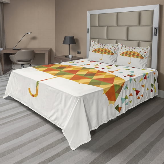 Ambesonne Abstract Fitted & Top Sheet Set with Shams, Triangles Umbrella, Multicolor
