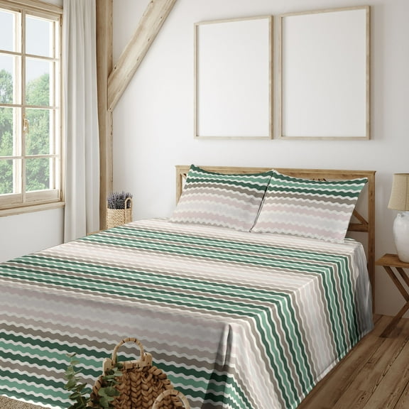 Ambesonne Geometric Fitted & Flat Sheet with Shams 4 Pcs Set, Abstract Wave Pattern Art, King, Dried Rose and Jade Green