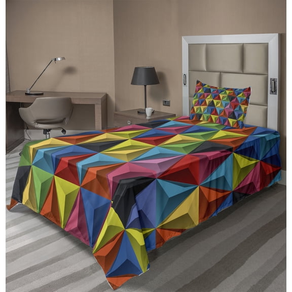 Ambesonne Colorful Fitted & Top Sheet Set with Sham, Pyramid Forms Modern, Multicolor