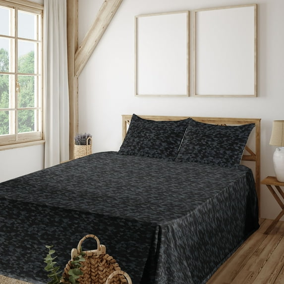 Ambesonne Geometric Fitted & Flat Sheet with Shams 4 Pcs Set, Grunge Triangle Pattern, Full, Charcoal Grey Pale Grey