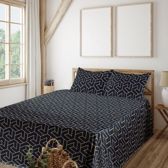 Geometric Sheet Set, Illusion Looking Square Pattern With Stripe Cubes Maze Like Print, Fitted & Flat Sheet with Pillowcase Bedding Accent 4 Pcs Set, Full, Pale Yellow Charcoal Grey, by Ambesonne