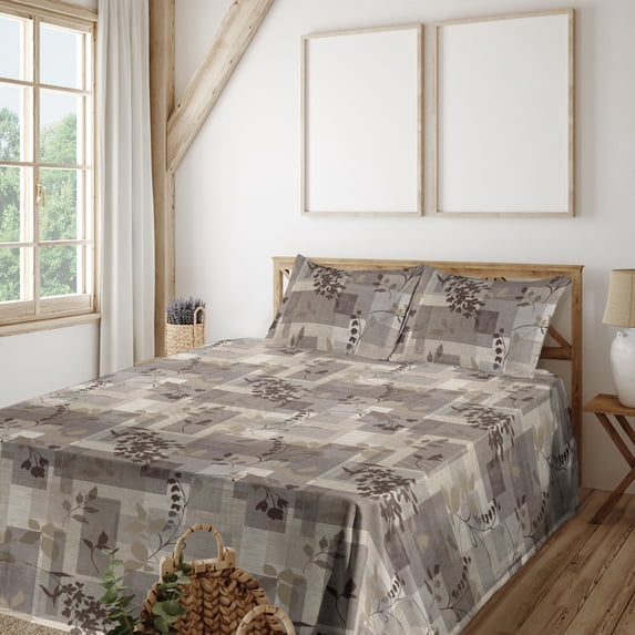 Ambesonne Geometric Fitted & Flat Sheet with Shams 4 Pcs Set, Floral Pattern Shapes Art, Queen, Cocoa Dark Cocoa Beige
