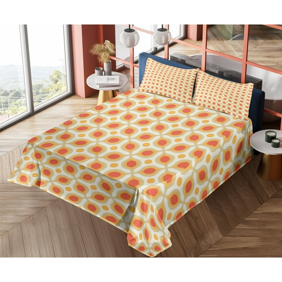 Ambesonne Vintage Fitted & Top Sheet Set with Shams, 70s Boho Geometric, Orange Cream