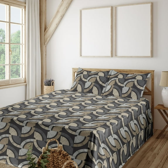Ambesonne Geometric Fitted & Flat Sheet with Shams 4 Pcs Set, Minimalist Round Shapes, Calking, Taupe Grey and Pale Sepia