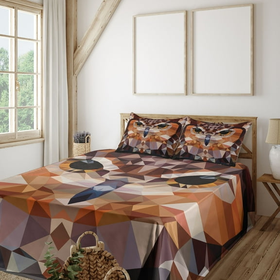 Geometric Sheet Set, Mosaic Owl Head in Linked Angled Triangle Forms Retro Style Funk Boho Design, Fitted and Flat Sheet Pillowcases Bedding Accent 4 Piece Set, Calking, Orange Brown, by Ambesonne