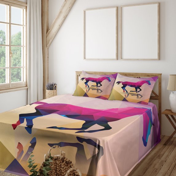 Geometric Sheet Set, Shaded Geometric Abstract Horse Animal Pattern Indie Novelty Print, Fitted and Flat Sheet with Pillowcases Bedding Accent 4 Piece Set, Calking, Cream Pink Purple, by Ambesonne