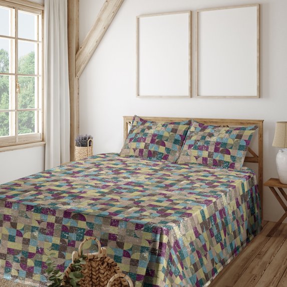 Ambesonne Geometric Fitted & Flat Sheet with Sham 3 Pcs Set, Surreal Quadrant Squares, Twin XL, Avocado Green Purple Teal