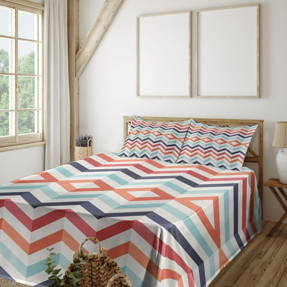 Ambesonne Chevron Fitted & Top Sheet Set with Shams, Zigzag Lines Stripes, Blue Orange Red