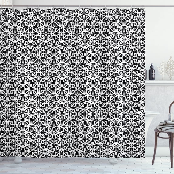 Geometric Shower Curtain, Concentric Various Monochrome Circles Image Aligned with Symmetrical Rhythm, Fabric Bathroom Set with Hooks, 69W X 84L Inches Extra Long, Black and White, by Ambesonne