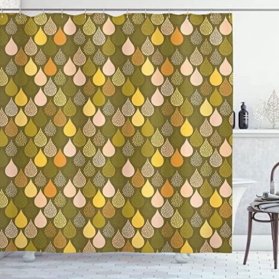 Geometric Shower Curtain, Doodle Style Creative Leaf Shaped Colorful Girls Theme, Cloth Fabric Bathroom Decor Set with Hooks, 69" W x 75" L, Orange Ecru