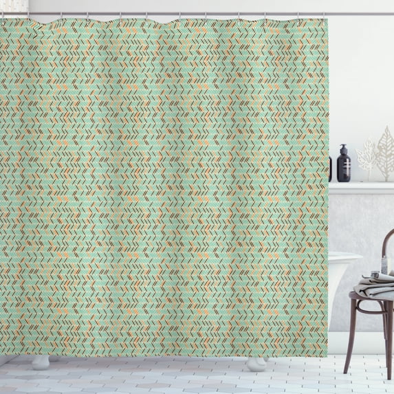 Geometric Shower Curtain, Ethnic Zigzag Pattern with Scandinavian Style Brush Stroke Effect Illustration, Fabric Bathroom Set with Hooks, 69W X 84L Inches Extra Long, Multicolor, by Ambesonne