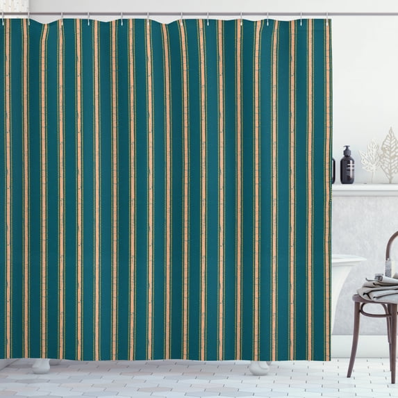 Geometric Shower Curtain, Grungy Background Print with Vertical Stripes and Little Dots, Fabric Bathroom Set with Hooks, 69W X 70L Inches, Peach Yellow and Dark Teal, by Ambesonne