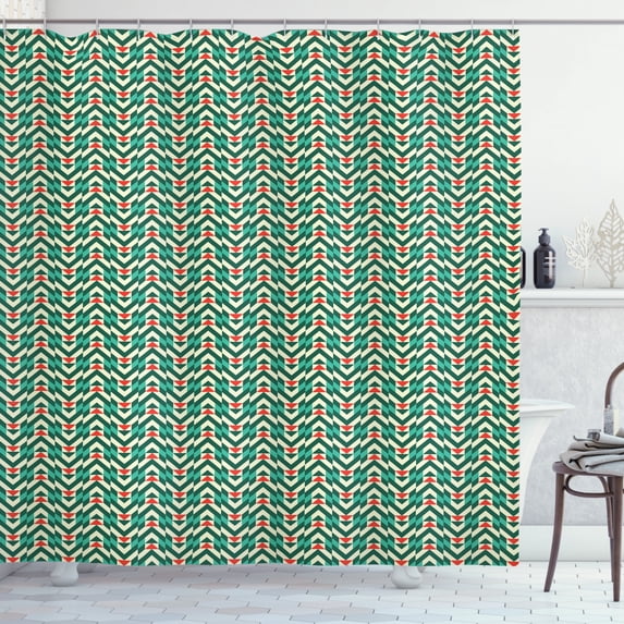 Geometric Shower Curtain, Herringbone Pattern with Angled Stripes and Rhombuses Triangles, Fabric Bathroom Set with Hooks, 69W X 75L Inches Long, Vermilion Fern Green Beige, by Ambesonne