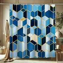 Geometric Shower Curtain, Hexagonal Blue Teal Gold Pattern Shower Curtain For Bathroom Decor, Modern Contemporary Waterproof Fabric Shower Curtain Set With Hooks 36"W x 72"L