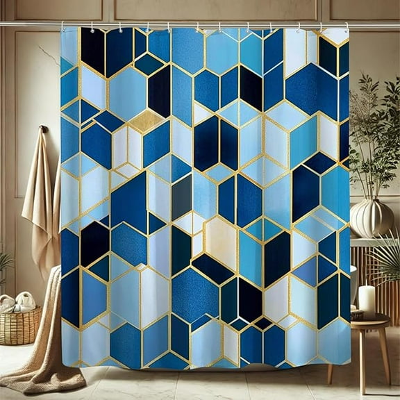 Geometric Shower Curtain, Hexagonal Blue Teal Gold Pattern Shower Curtain For Bathroom Decor, Modern Contemporary Waterproof Fabric Shower Curtain Set With Hooks 36"W x 72"L