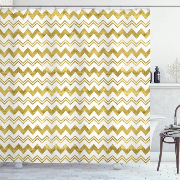 Geometric Shower Curtain, Horizontally Echeloned Design Unbalanced Chevron Style Zigzag Pattern, Fabric Bathroom Set with Hooks, 69W X 70L Inches, Pale Coffee and White, by Ambesonne