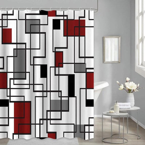 Geometric Shower Curtain, Red Black Gray Modern Shower Curtain Set with 12 Hooks, Geometric Shower Curtains for Bathroom, Waterproof Washable Polyester Bath Curtain (Multi Color, 72 x 72 Inches)