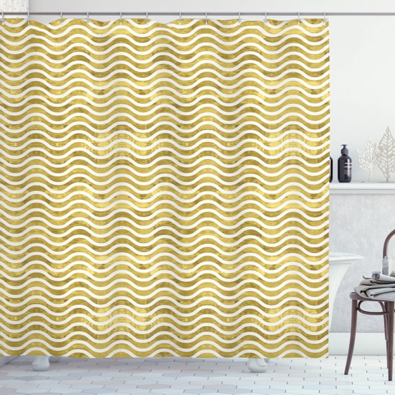 Geometric Shower Curtain, Sand Ruffles Print on Hot Deserts Inspired Stained Curvy Zig Zags, Fabric Bathroom Set with Hooks, 69W X 75L Inches Long, Pale Coffee and White, by Ambesonne