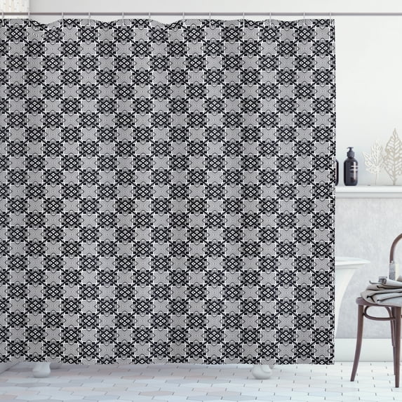 Geometric Shower Curtain, Sketched Nested Design of Overlapping Diamond Outlines and Chain Links, Fabric Bathroom Set with Hooks, 69W X 84L Inches Extra Long, Black and Pale Grey, by Ambesonne