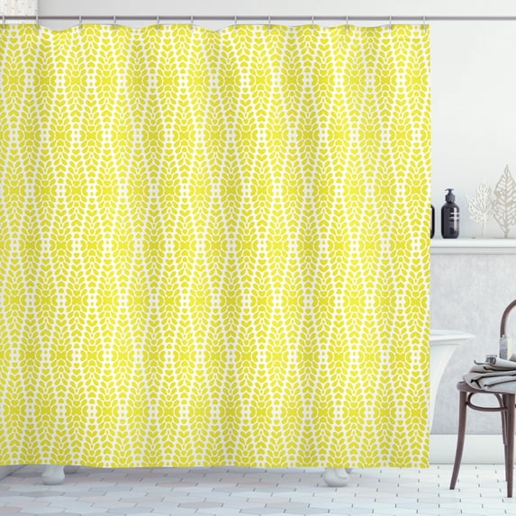 Geometric Shower Curtain, Stylized Floral Leaves Arranged in Continuous Mosaic Diamond Shapes, Fabric Bathroom Set with Hooks, 69W X 84L Inches Extra Long, Yellow Green and White, by Ambesonne