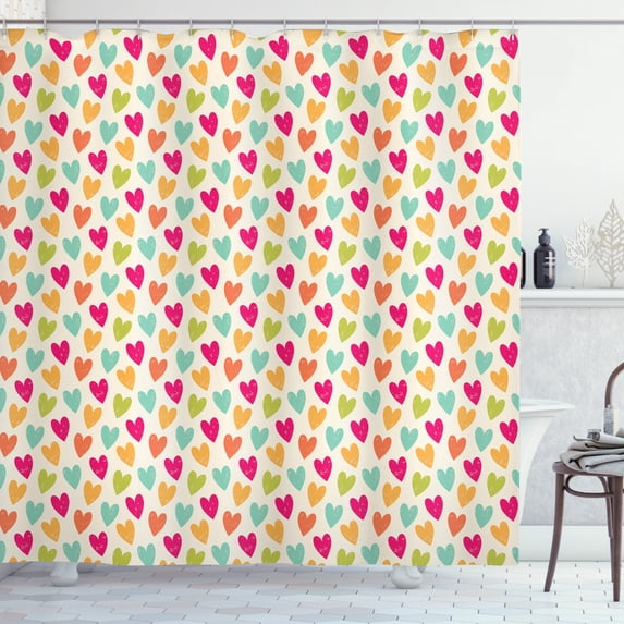 Geometric Shower Curtain, Valentines Day Concept Colorful Heart Figures on a Chalky Tainted Background, Fabric Bathroom Set with Hooks, 69W X 75L Inches Long, Multicolor, by Ambesonne