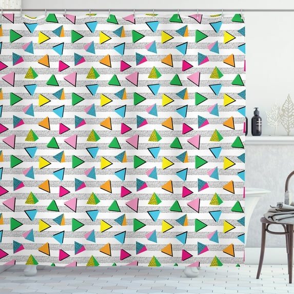 Geometric Shower Curtain, Vintage Contrast Toned Triangles with Dots and Spouts 80s Avant Garde Art Deco, Fabric Bathroom Set with Hooks, 69W X 75L Inches Long, Multicolor, by Ambesonne