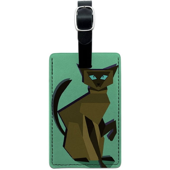 Geometric Siamese Cat Brown Leather Luggage ID Tag Suitcase Carry-On