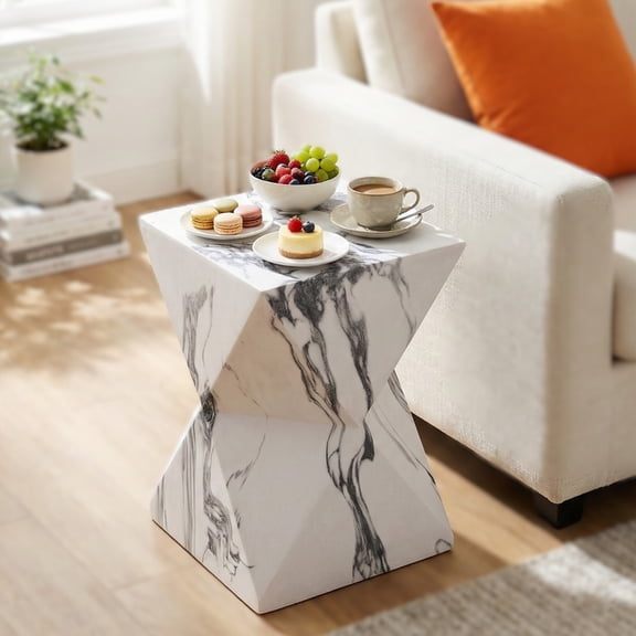 Geometric Side Table Hourglass Accent Table with Faux Marble Finish, MGO End Table for Living Room Bedroom Patio, Weather Resistant Small Nightstand Plant Stand 18.5 Inch Green Marble