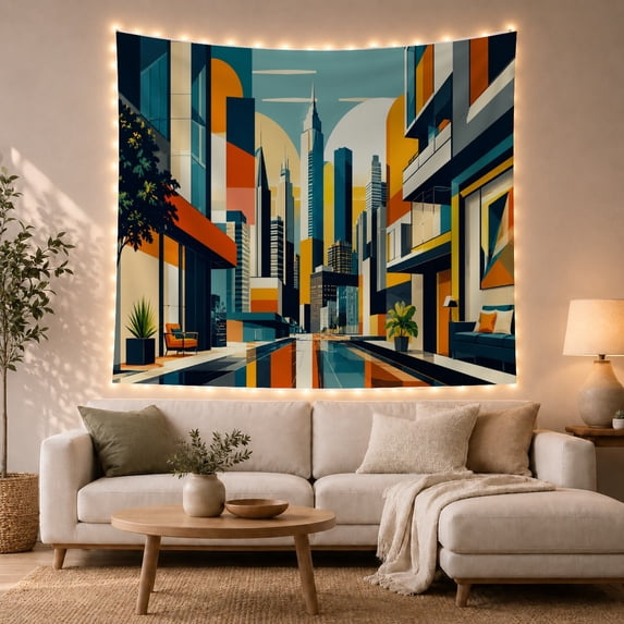 Geometric Skyscrapers Under a Teal Sky, Playful Retro for Cityscape Fans, Color Block Urban Art, Housewarming Gift, Tapestry Wall Hanging for Studio and Living Room